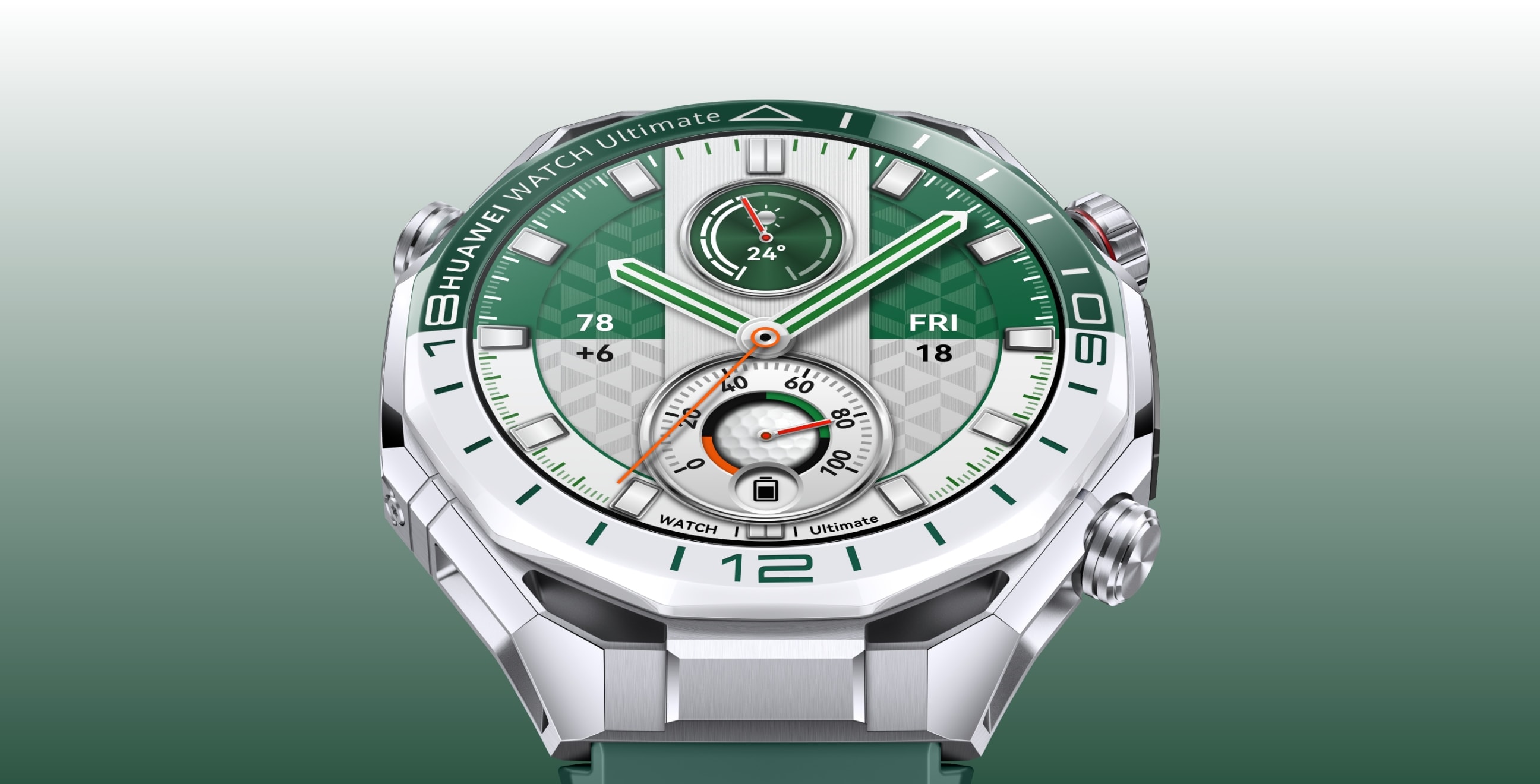 Showcasing pictures of the HUAWEI WATCH Ultimate 2 green model from different angles and with various straps