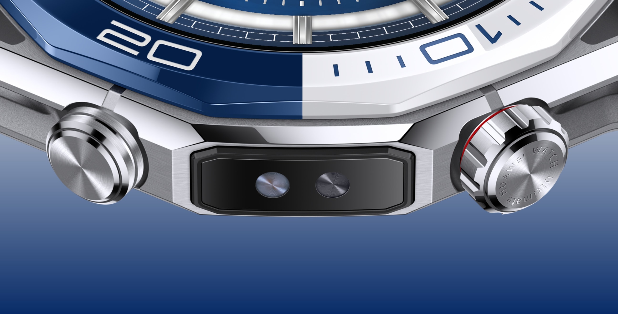Two color choices of the HUAWEI WATCH Ultimate 2: blue and black; each is paired with a dedicated fluoroelastomer strap for both style and durability